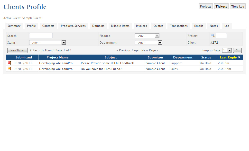 Client Profile Tickets Tab
