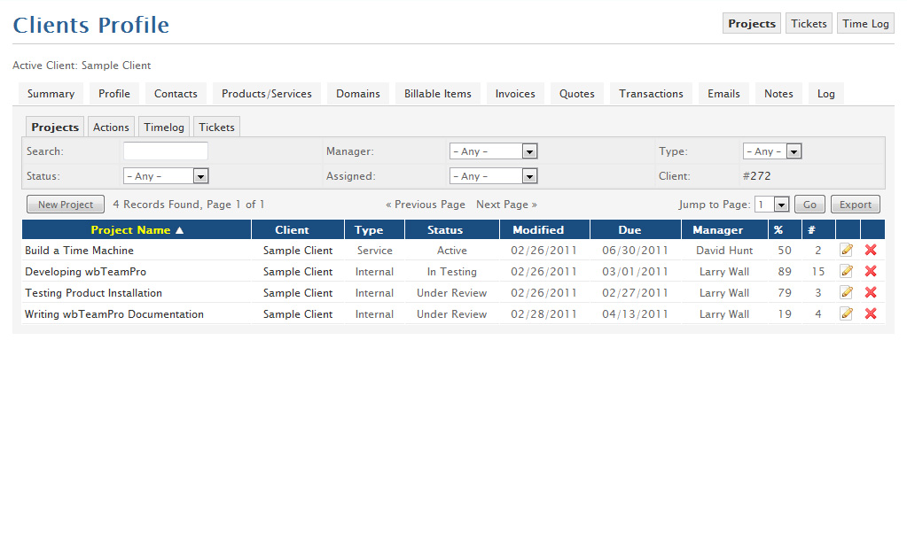 Client Profile Projects Tab