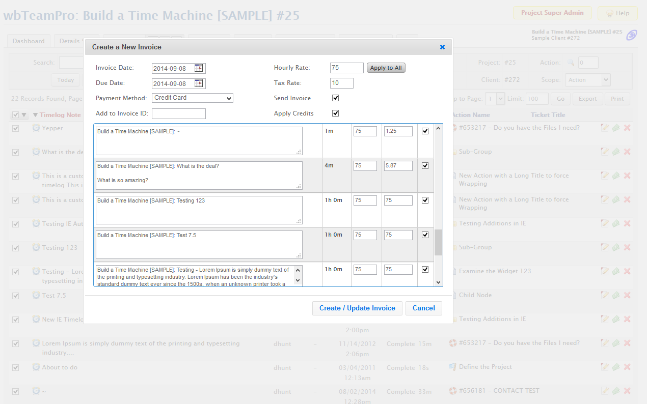 Project Timelog Invoice Dialog