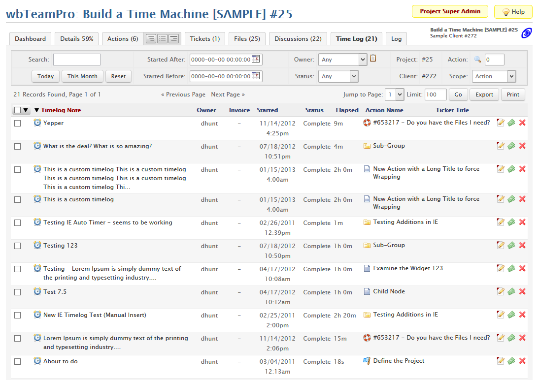 Project Timelog List